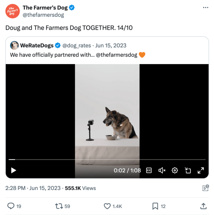 The Farmer’s Dog post from June 15, 2023, featuring a partnership announcement with WeRateDogs. The post shows a dog and has 555.1K video views, 19 replies, 59 retweets, and 1.4K likes.